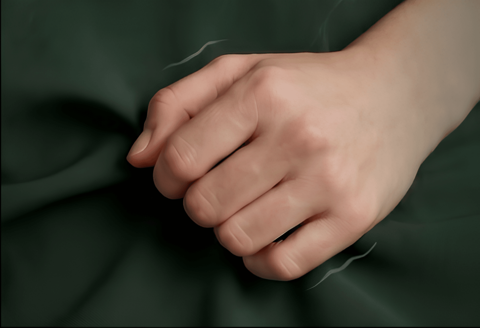A tense, closed hand on dark green fabric — a visible sign of bodily stress